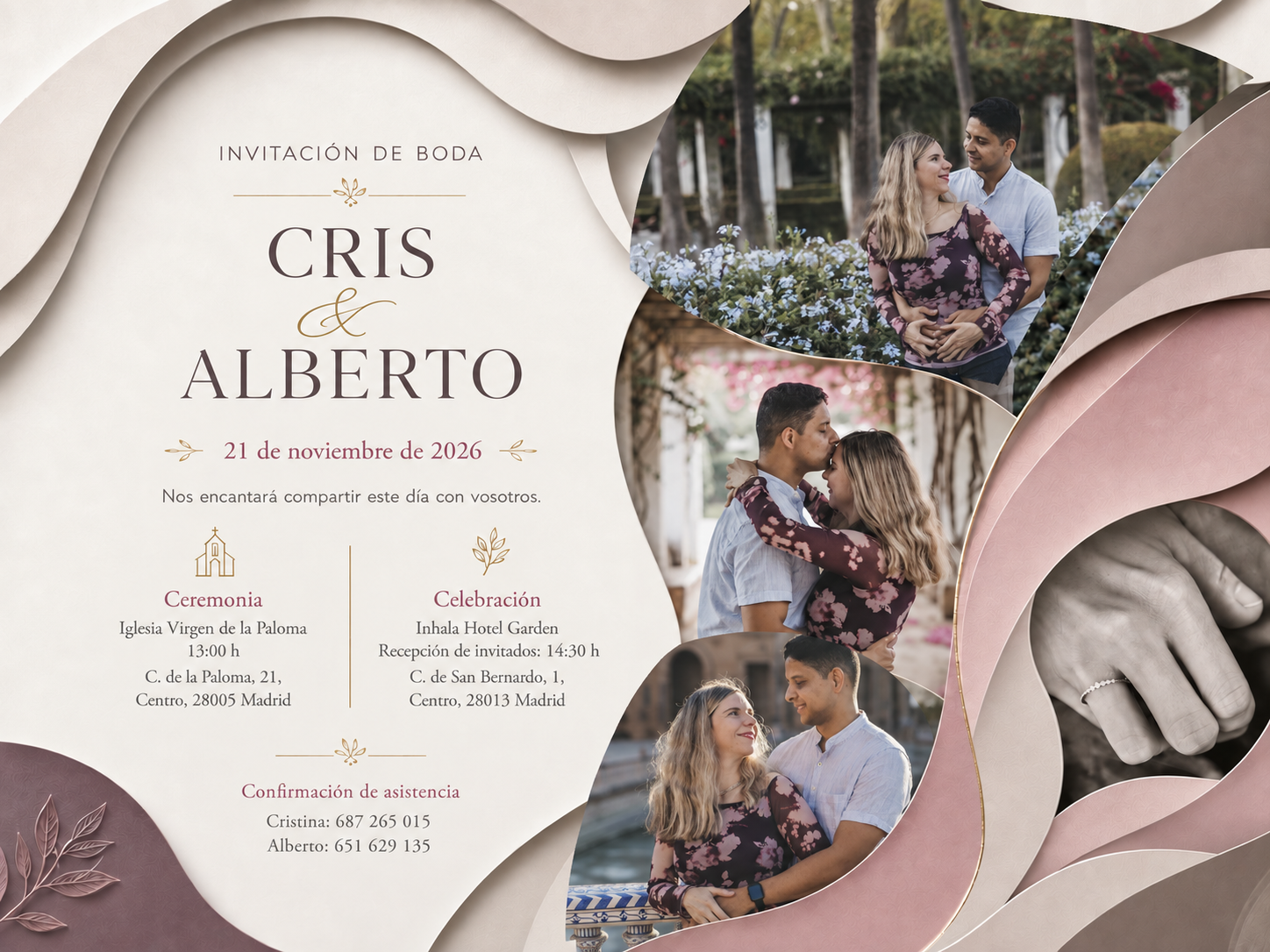 Invitación de boda de Cris y Alberto, 21 de noviembre de 2026. Ceremonia a las 13:00 en la Iglesia Virgen de la Paloma y recepción a las 14:30 en Inhala Hotel Garden, Madrid.